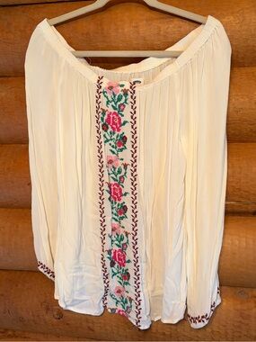 Old Navy Cream Peasant Blouse with Pink & Green Embroidery